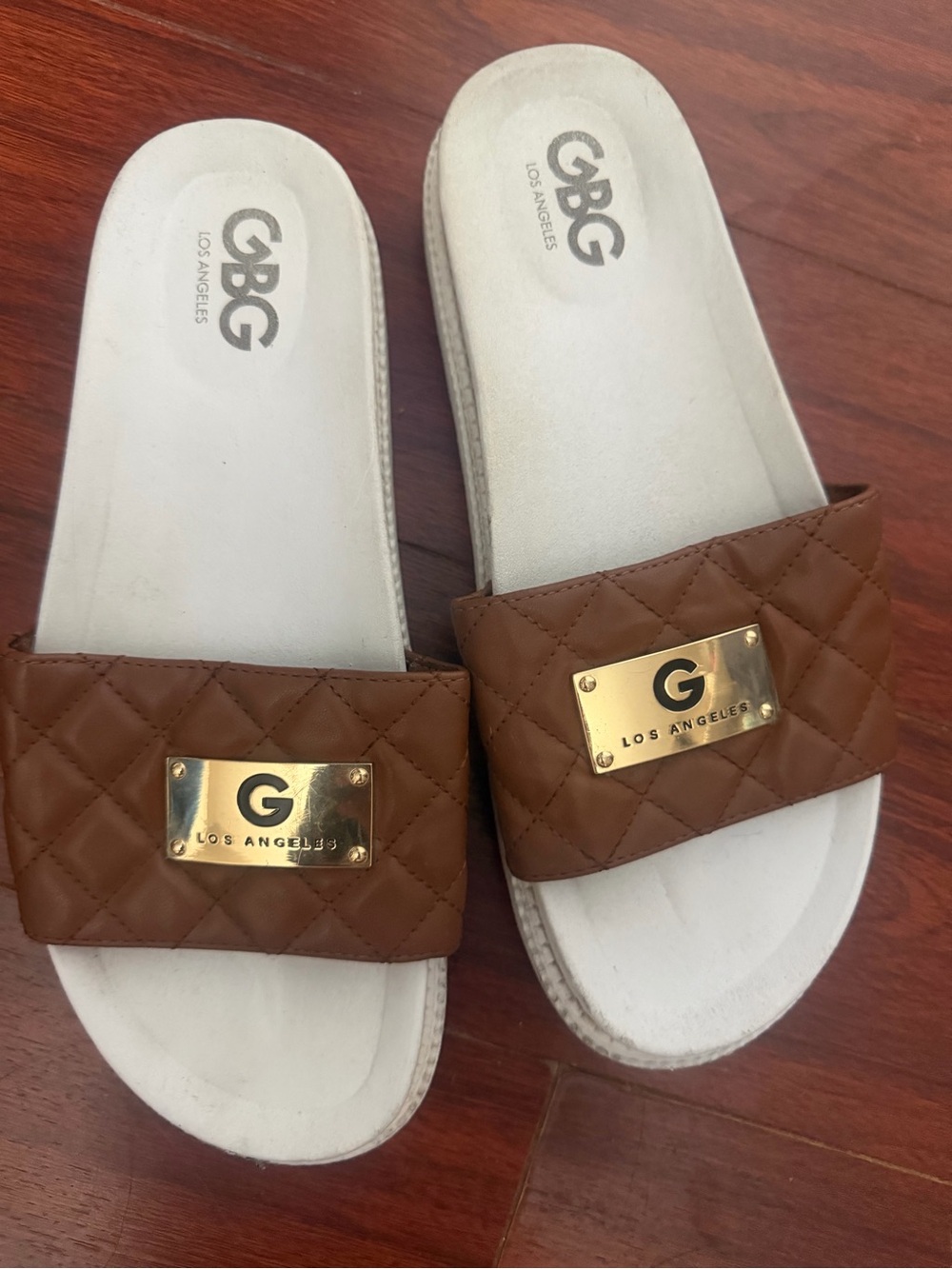 GBG Los Angeles Quilted Brown Slide Sandals with Gold Plaque